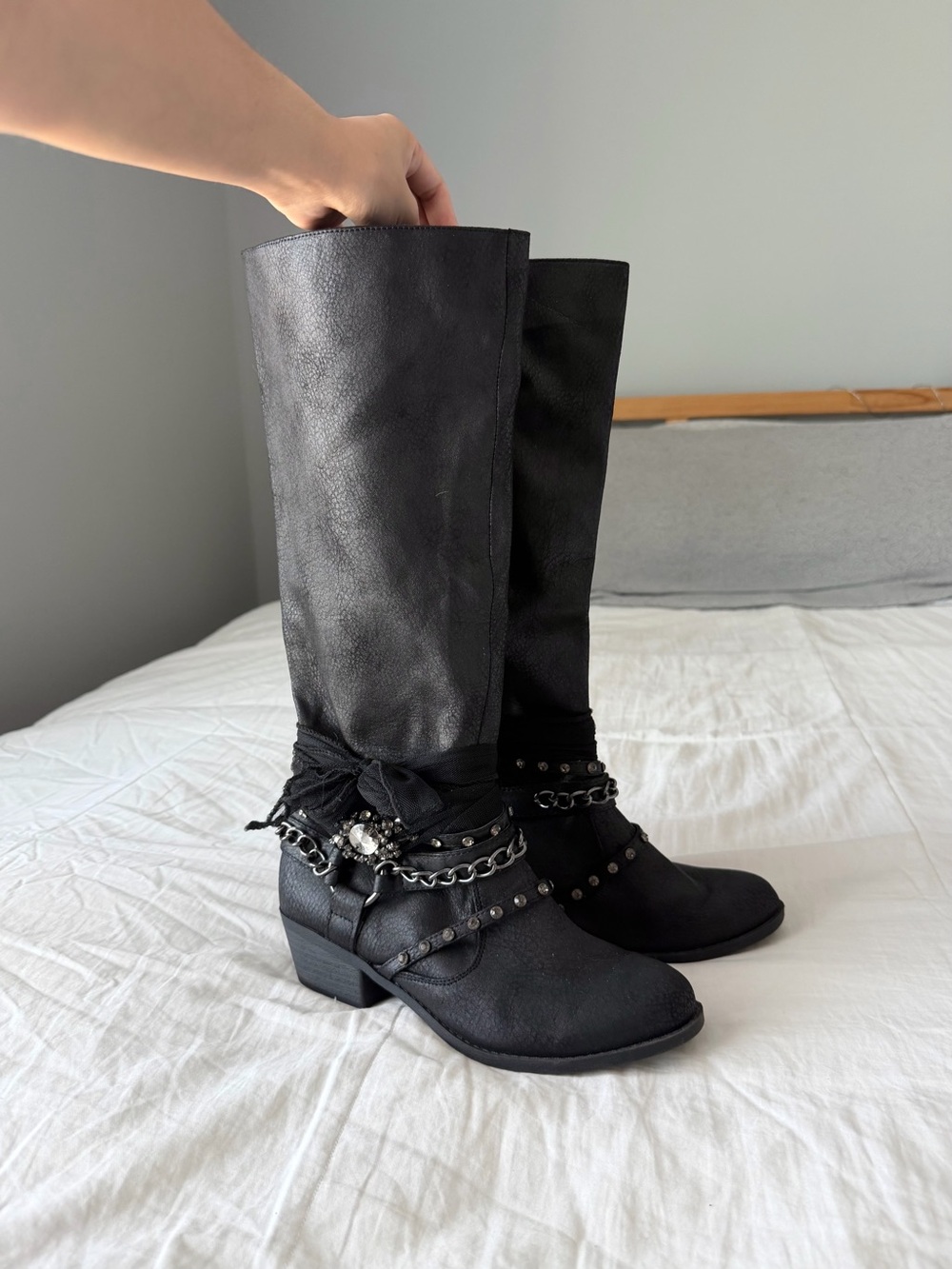 Venus Western Black Knee High Decorative Riding Boots Size 7.5